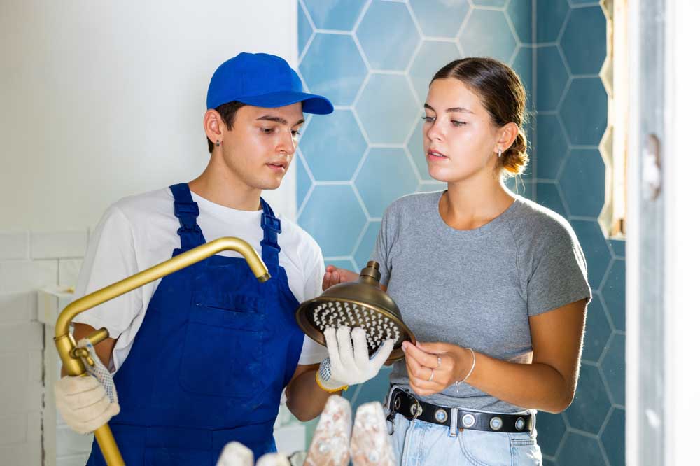 plumber from EJ Home Services talking to homeowner