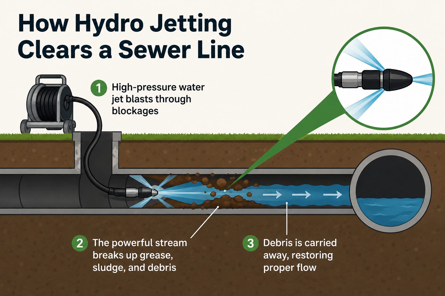 Hydro jetting graphic showing high-pressure water cleaning the inside of a drain pipe