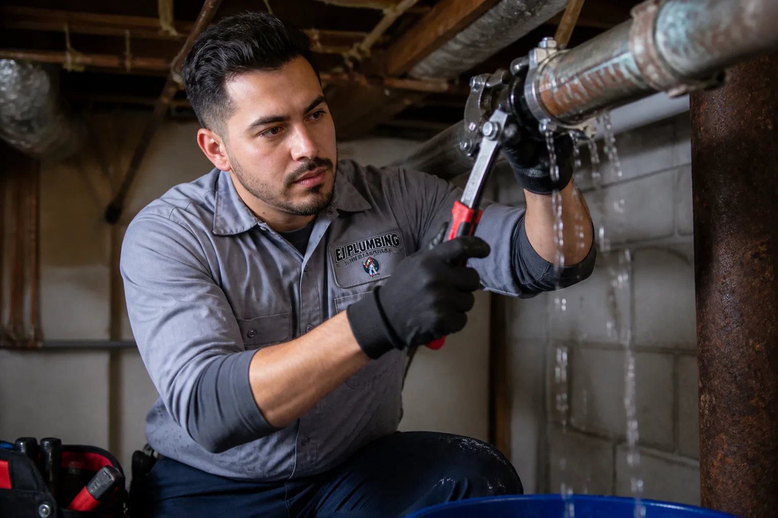 E.J. plumber inspecting a burst pipe and emergency water leak