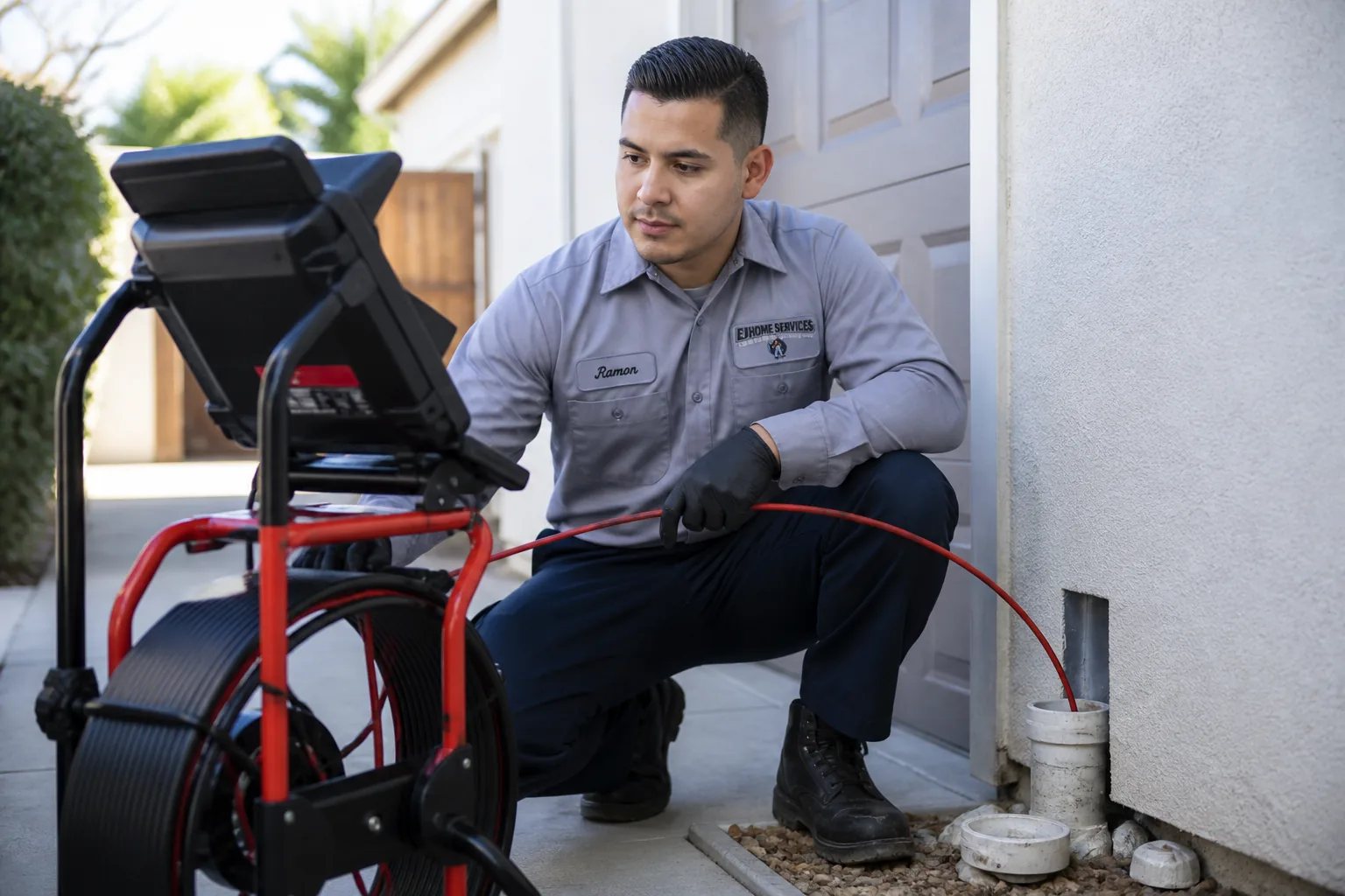 Emergency plumber diagnosing a sewer or drain backup in Santa Clara