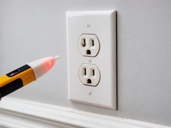 Residential electrical outlet being inspected for repair