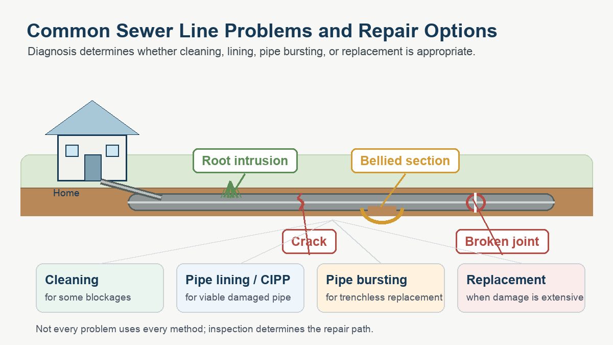 Diagram showing common sewer line damage and repair options