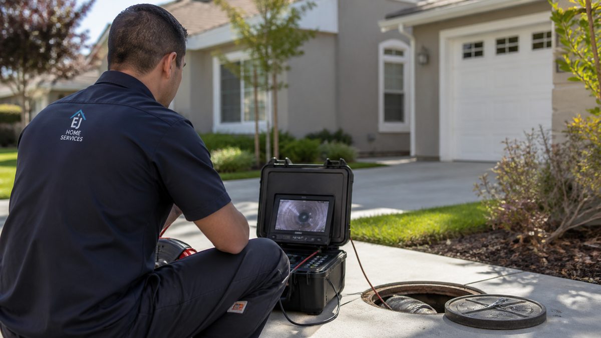 EJ Home Services technician evaluating a sewer line problem