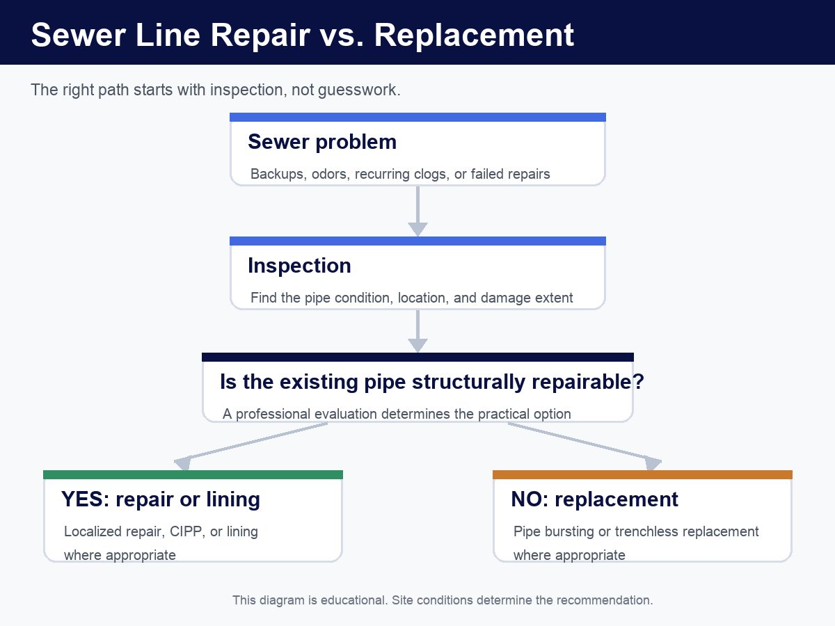 Diagram comparing sewer line repair and replacement options