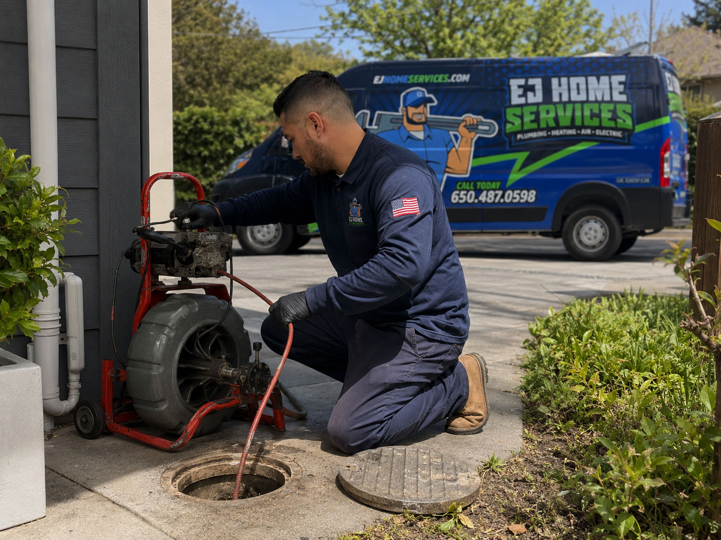 EJ drain technician clearing a main line with professional cable equipment