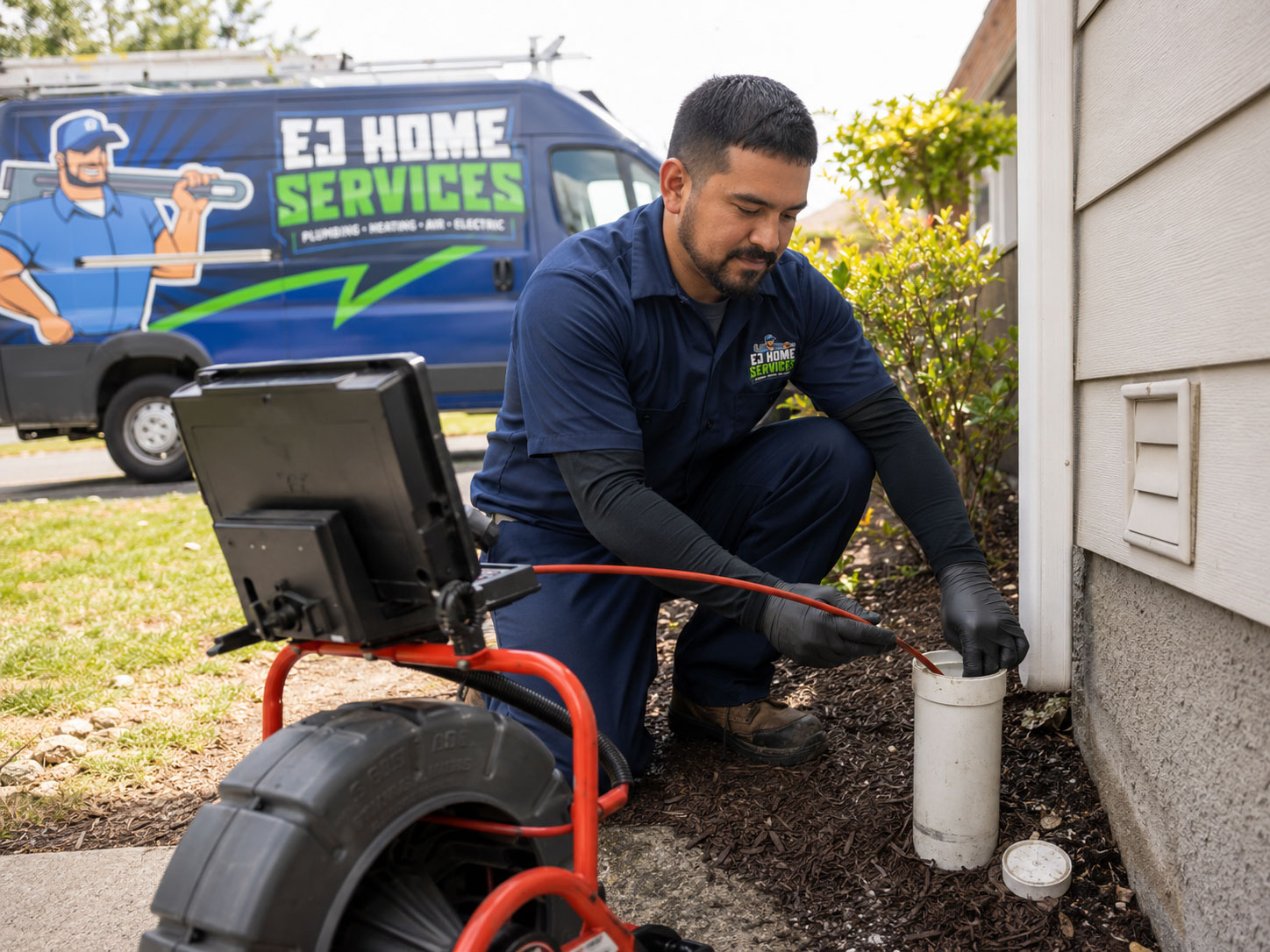 EJ technician inspecting a drain line with professional camera equipment