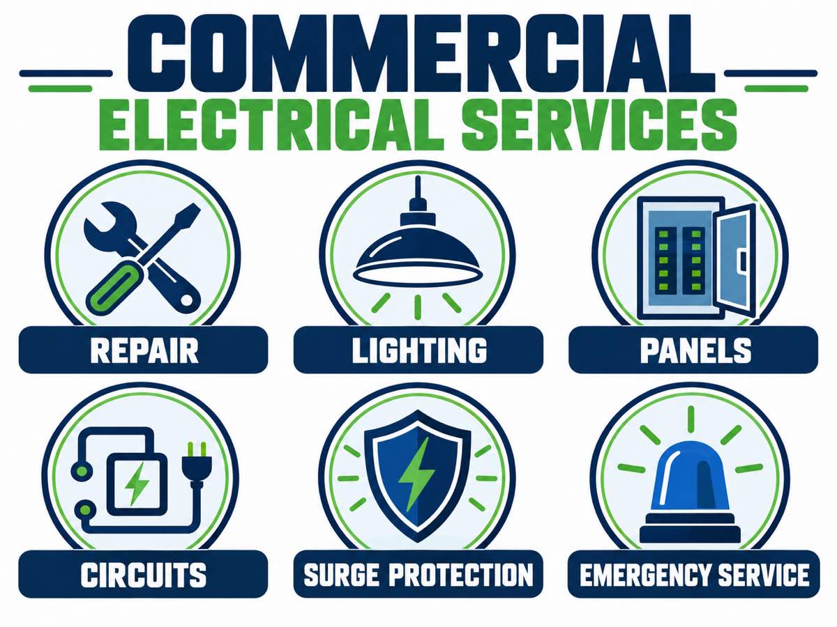 Diagram showing commercial electrical repair, lighting, panels, circuits, surge protection, and emergency service