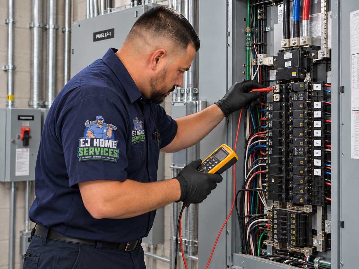 EJ Home Services commercial electrician inspecting an electrical panel