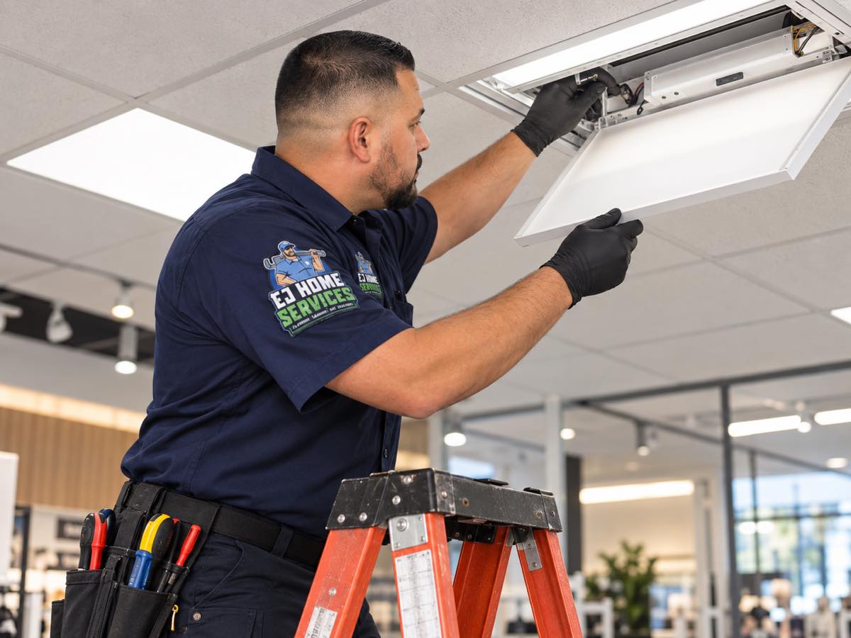 EJ Home Services electrician servicing commercial ceiling lighting