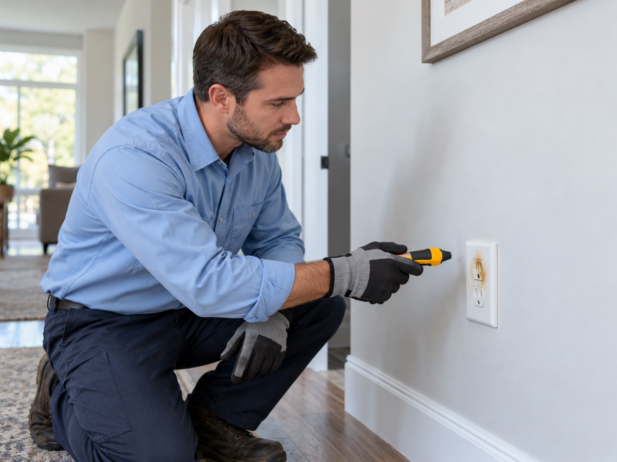 Electrician inspecting heat discoloration at a residential outlet