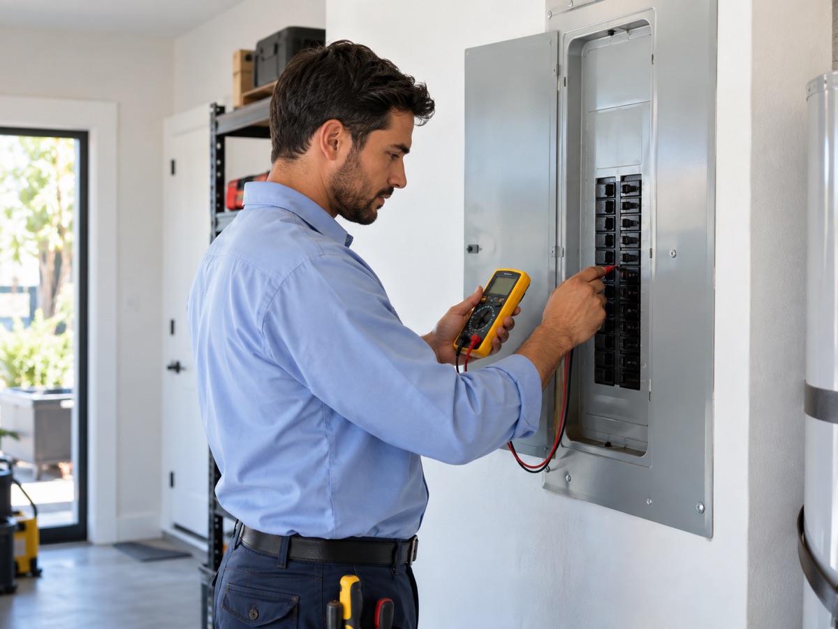 Electrician diagnosing an electrical panel during an urgent service visit