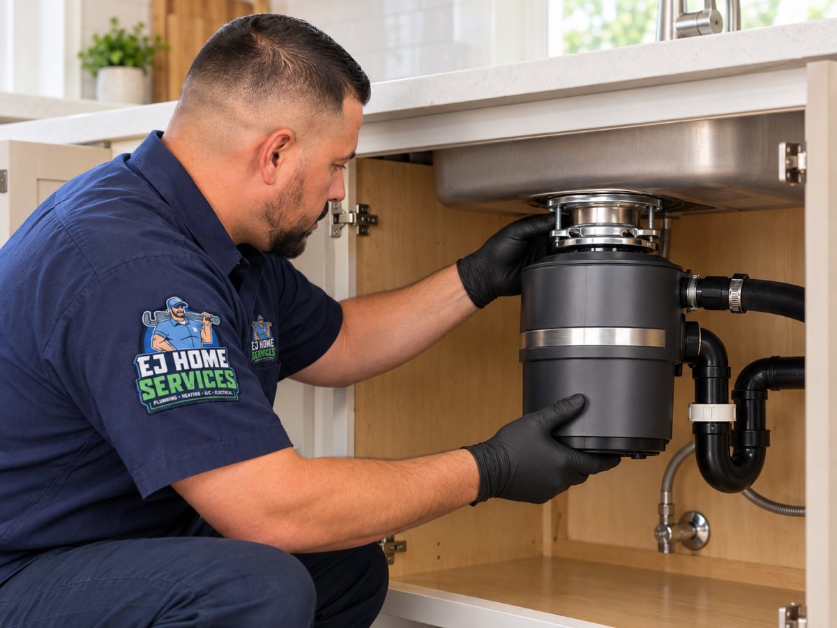 EJ Home Services plumber installing a replacement garbage disposal