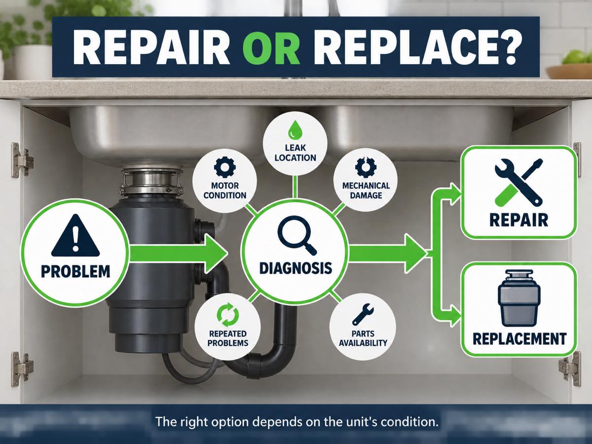 Garbage disposal repair or replacement decision diagram