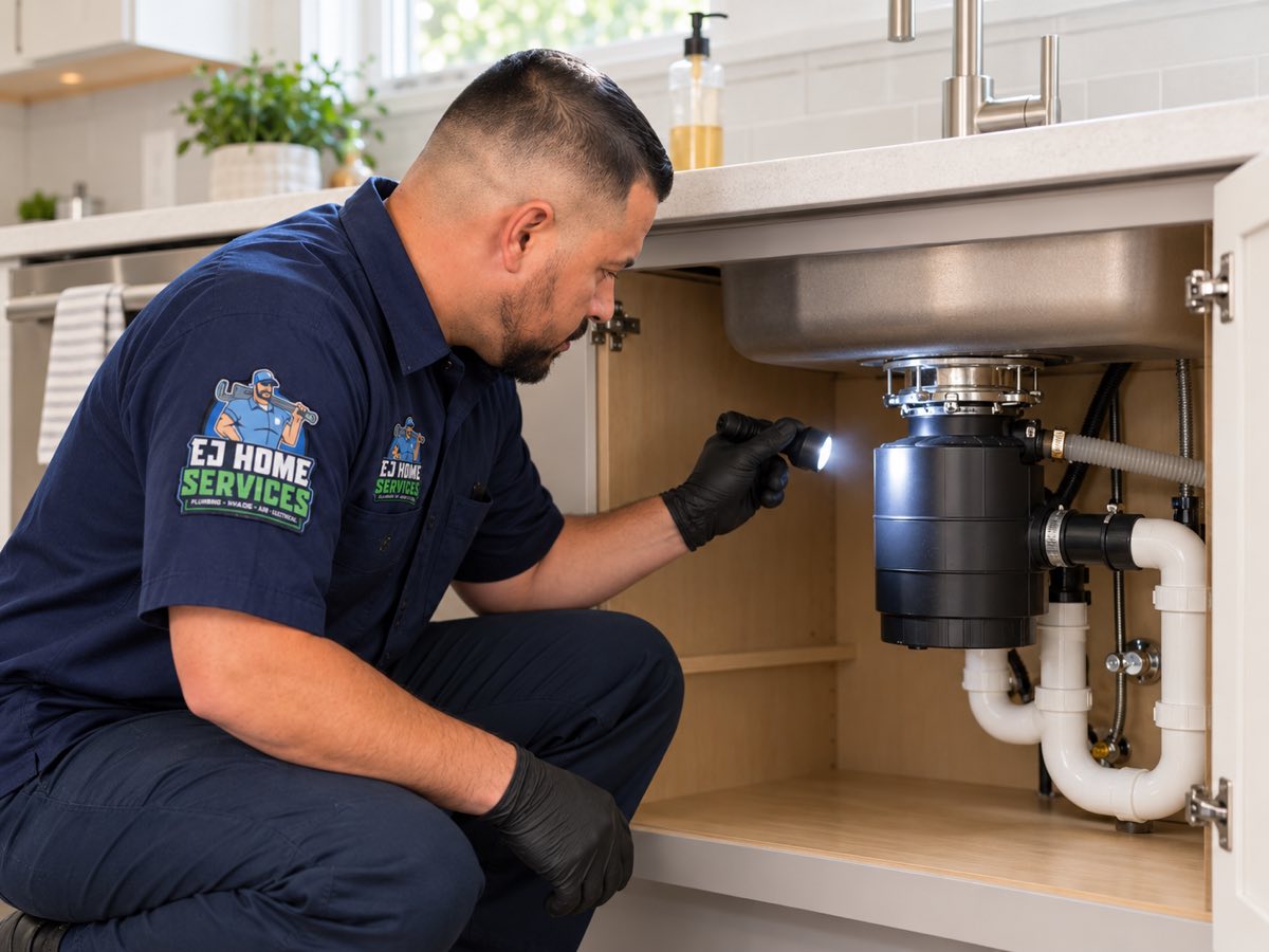 EJ Home Services plumber inspecting a garbage disposal under a kitchen sink