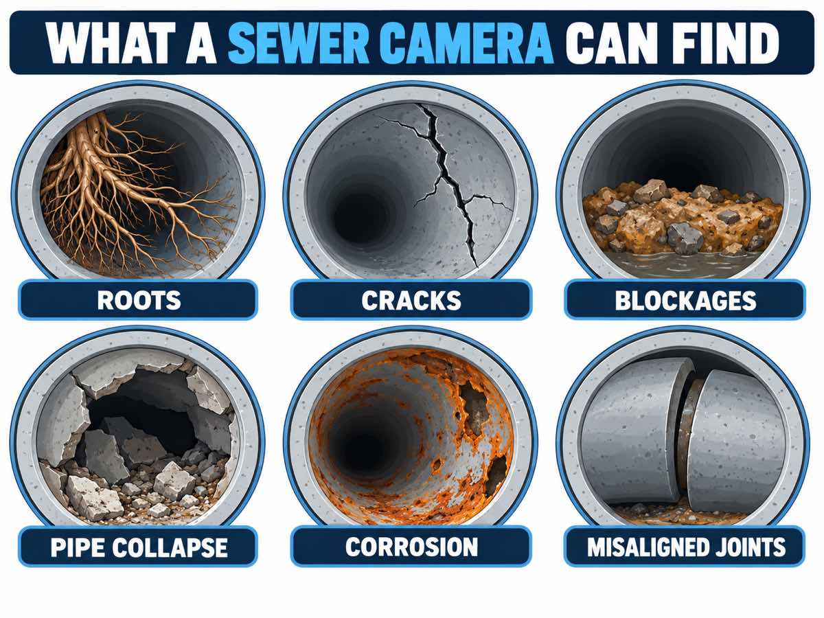 Diagram showing roots, cracks, blockages, collapse, corrosion, and misaligned sewer joints