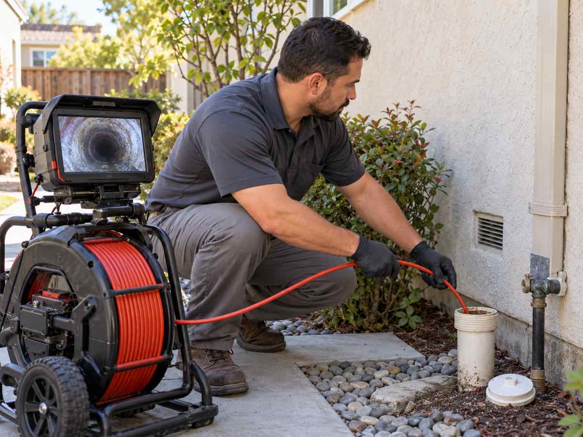 Plumber feeding a sewer inspection camera into a residential cleanout
