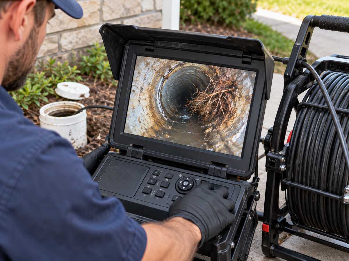 Sewer camera monitor showing root intrusion inside a residential pipe
